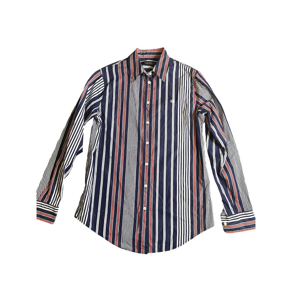 Lauren Ralph Lauren Women's Navy Red Striped Classic Button Down Shirt Size XS
